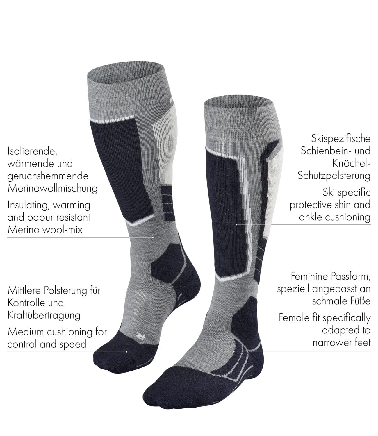 Женские лыжные носки FALKE SK2, средняя амортизация, защита от мозолей, теплые лыжные носки, длинные, для катания на лыжах, дышащие, быстросохнущие, с климат-контролем, с функцией предотвращения запаха, шерсть, функциональный материал, 1 пара, фото №3