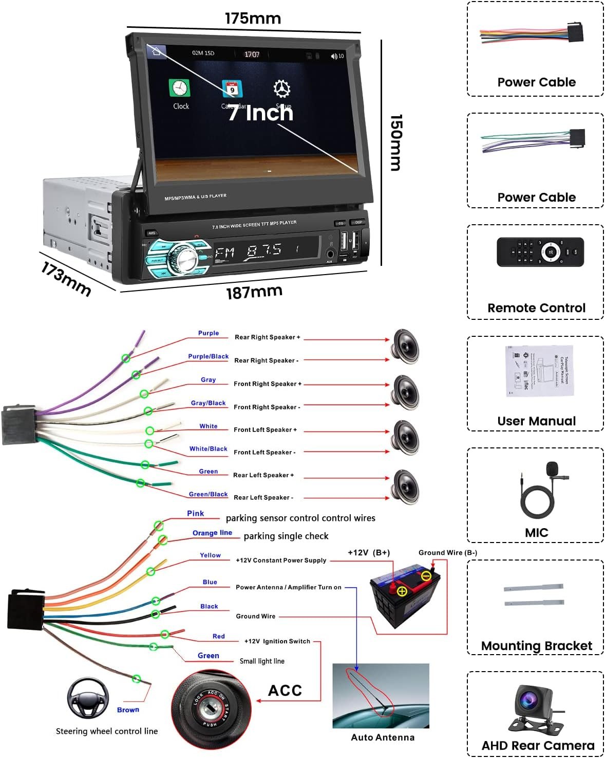 Автомагнітола Hikity / 7" / Сенсорна / Apple CarPlay / Android Auto / Bluetooth / USB / AUX / TF slot / 1DIN, фото №7