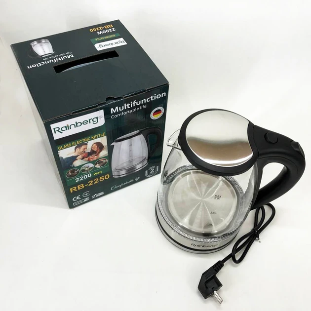 Электрический стеклянный чайник Rainberg RB-2250 с LED подсветкой 2200 Вт 1.8л, хороший электро, фото №7 Электрический стеклянный чайник Rainberg RB-2250 с LED подсветкой 2200 Вт 1.8л, хороший электро, фото №7