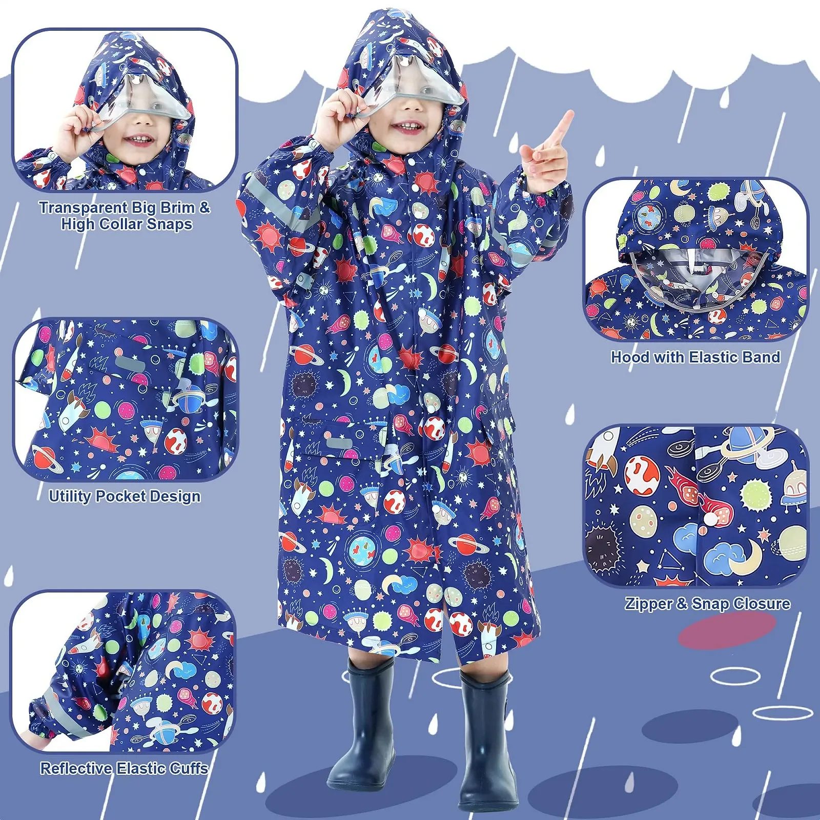 Дощовик Дитячий для хлопчиків Domueay, водонепроникний, дихаючий, з капюшоном, легка цільна дощова накидка, верхній одяг для активного відпочинку з чохлом для рюкзака, унісекс, 3-12 років, фото №3 Дощовик Дитячий для хлопчиків Domueay, водонепроникний, дихаючий, з капюшоном, легка цільна дощова накидка, верхній одяг для активного відпочинку з чохлом для рюкзака, унісекс, 3-12 років, фото №3