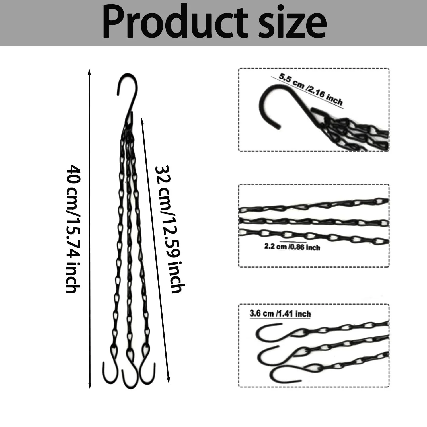 Подвесная цепь 6 штук 40 см с S-образным крючком Черная, фото №2