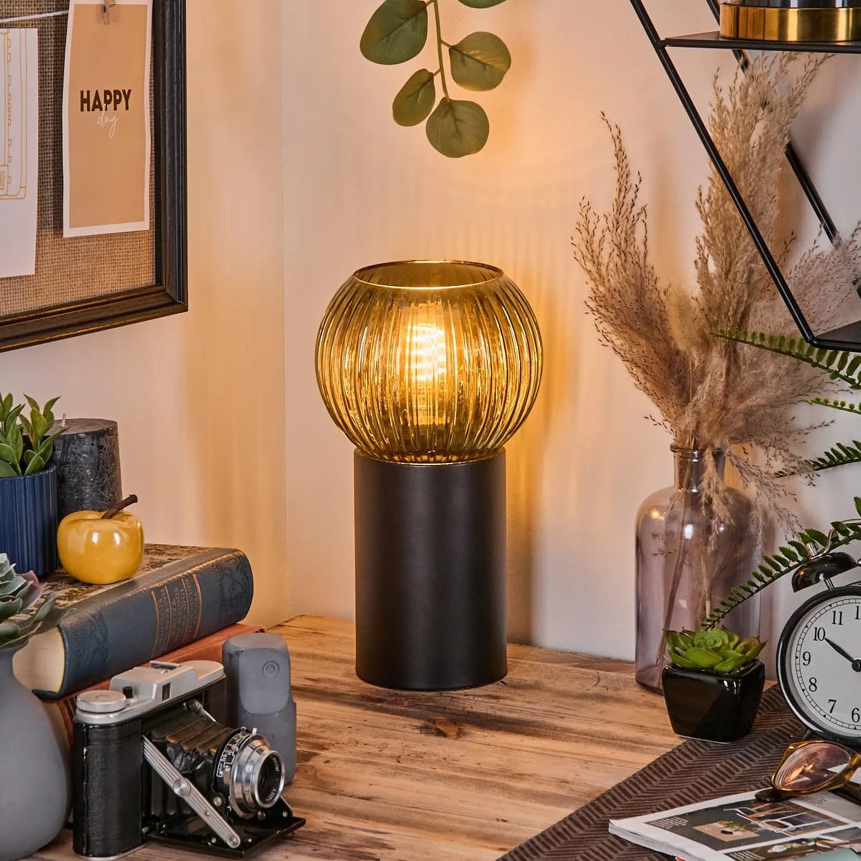 Настільна лампа HOFSTEIN Koyoto метал/рифлене скло E27 15 см Чорний/Зелений, фото №7