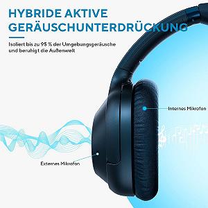 Наушники Ankbit E500Pro Hybrid Active Noise Cancelling, 90 часов воспроизведения беспроводные Bluetooth накладные с микрофоном, Hi-Fi звук, множественные подключения, комфортные ушные подушки, синие synthetic.ua - Фото 1