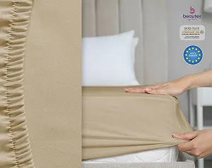 Простынь на резинке BEAUTEX Хлопок Трикотаж премиум 160 г/м
2; Стандарт 160 x 200 x 30 см Бежевый synthetic.ua - Фото 1