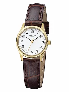Женские часы REGENT Кожаный ремешок с крокодиловым узором Нержавеющая сталь Кварцевый 27 мм диаметр Арабские цифры, белый / коричневый, Ремешок - Фото 1