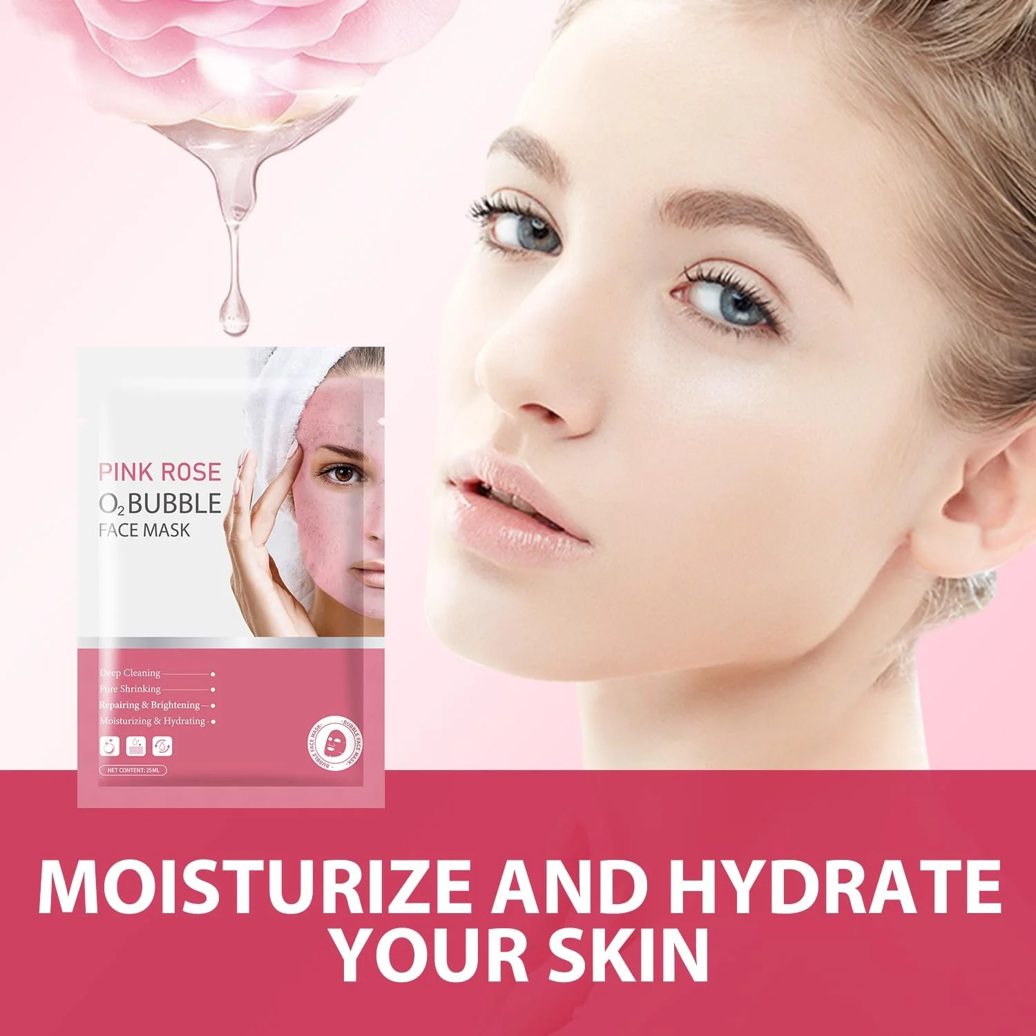 Маска для обличчя пінна Pack of 10 Pink Rose O2 бульбашкова Очищення та омолодження, фото №4