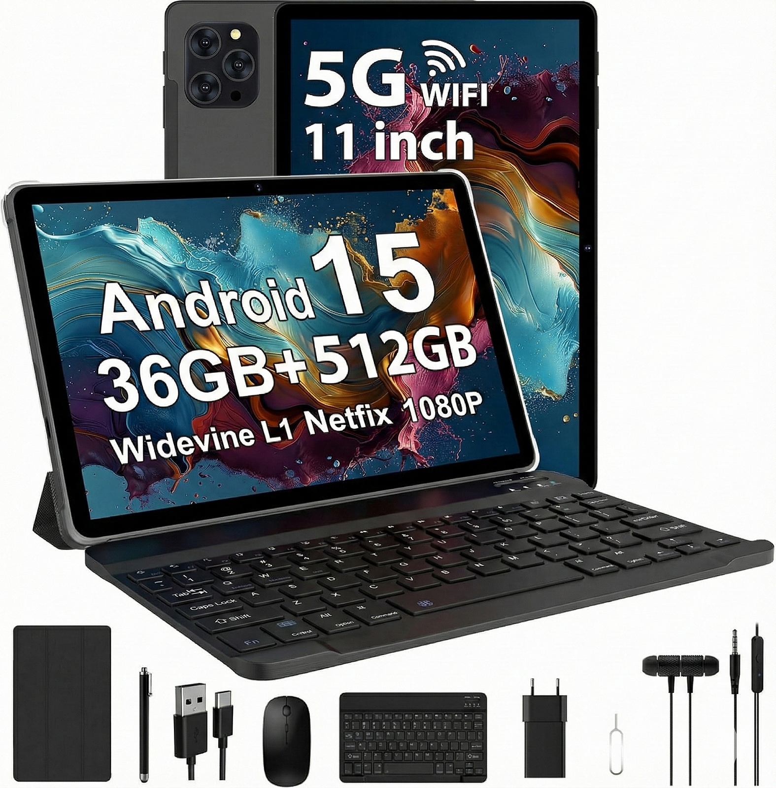Планшет 11" Full HD RUSHAR M148 12+24/256ГБ 8 ядер Android 15 Черный 8000 mAh, фото №1