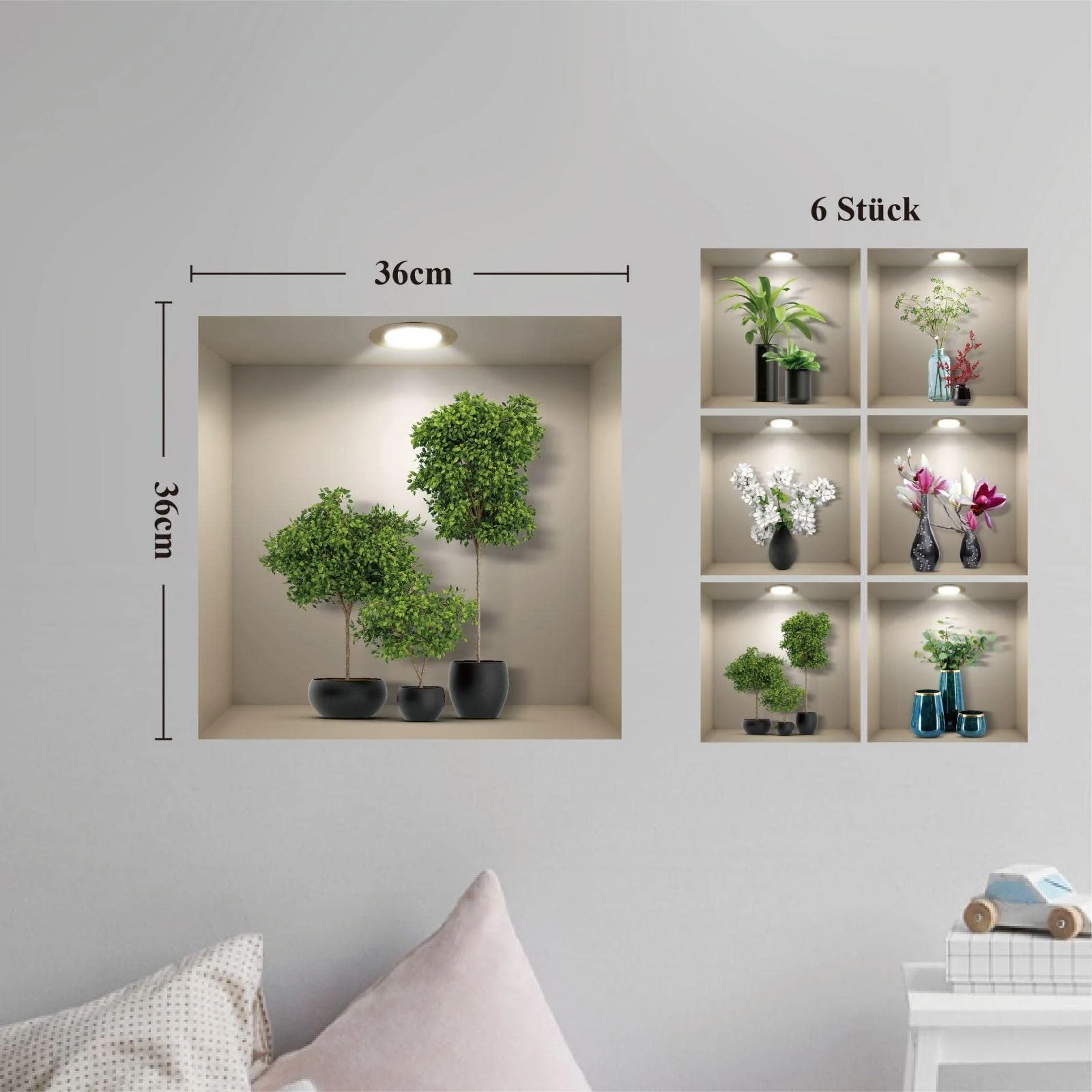 Наклейки на стіну 3D-ефект Ваза Квіти Зелені рослини Бонсай (6 шт.) Зелений, фото №6 Наклейки на стіну 3D-ефект Ваза Квіти Зелені рослини Бонсай (6 шт.) Зелений, фото №6