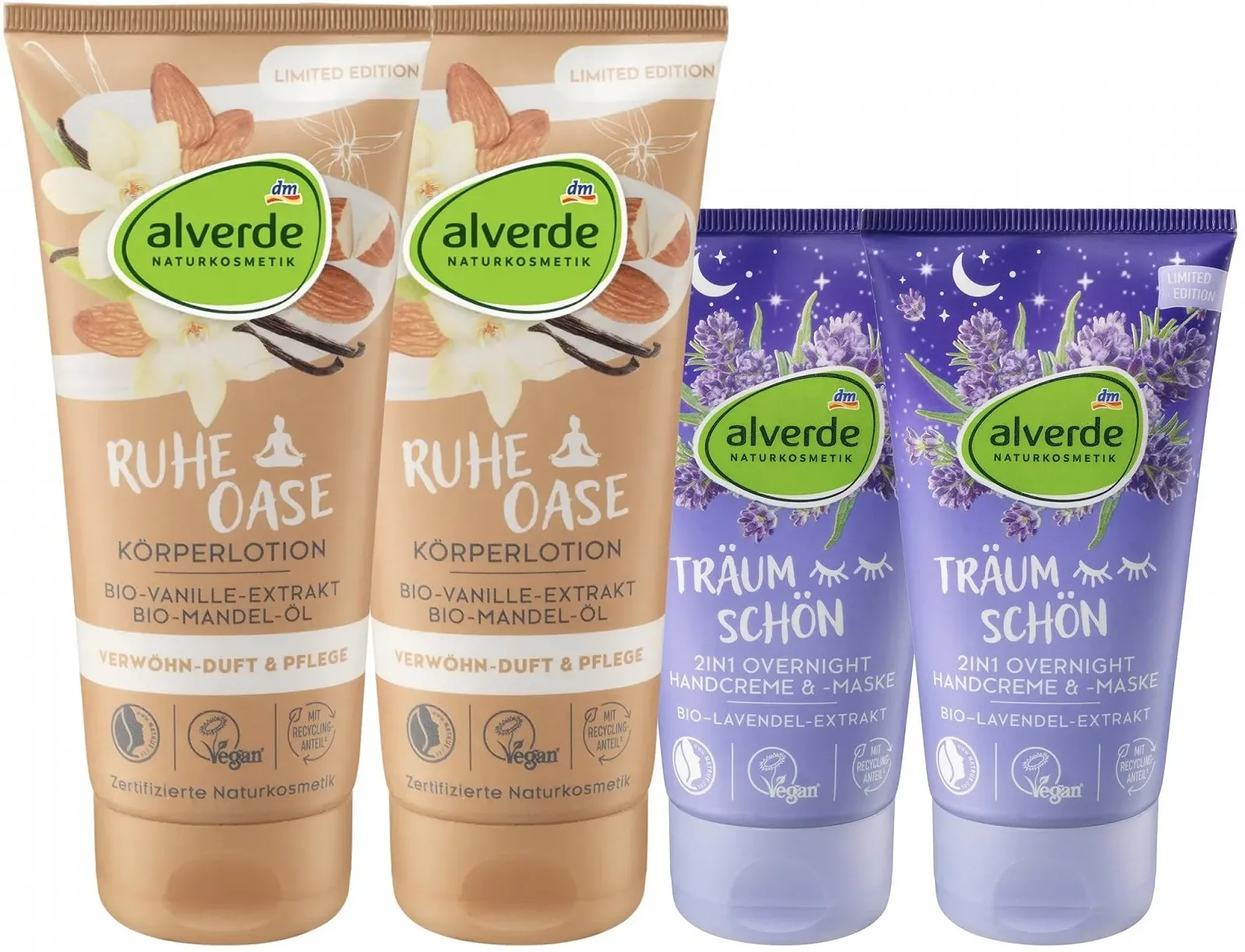 Набор для ухода за кожей Alverde Natural Cosmetics: лосьон для тела Ruheoase с миндальным маслом и экстрактом ванили (2 x 200 мл) + крем для рук 2-в-1 Dream Beautiful для поврежденных рук (2 x 75 мл), 550 мл, фото №1