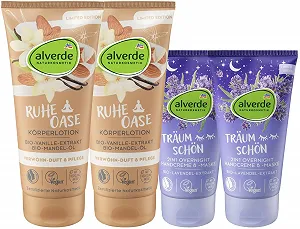 Набор для ухода за кожей Alverde Natural Cosmetics: лосьон для тела Ruheoase с миндальным маслом и экстрактом ванили (2 x 200 мл) + крем для рук 2-в-1 Dream Beautiful для поврежденных рук (2 x 75 мл), 550 мл - Фото 1