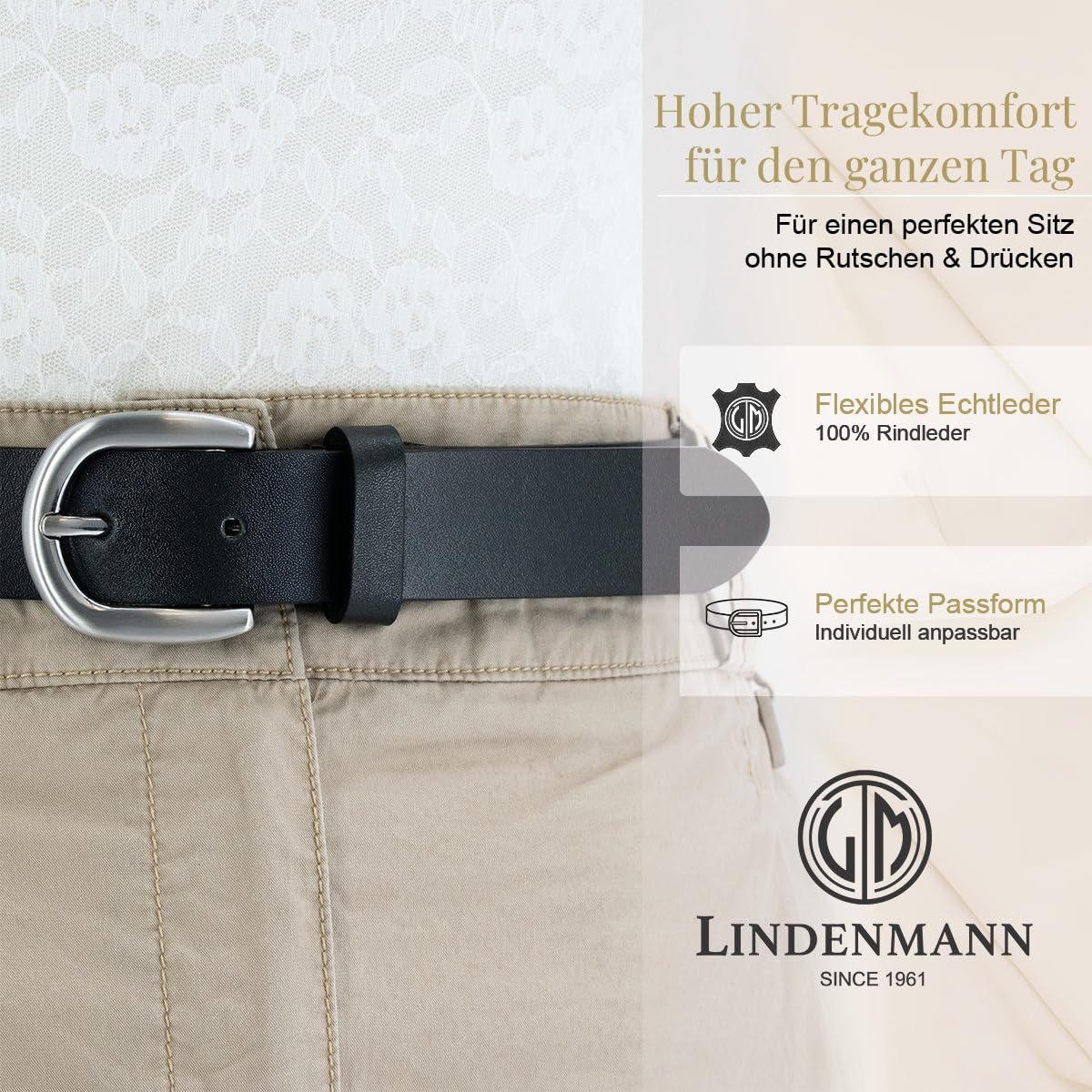 Женский кожаный ремень LINDENMANN 30 мм, полностью из коровьей кожи, черный, фото №2