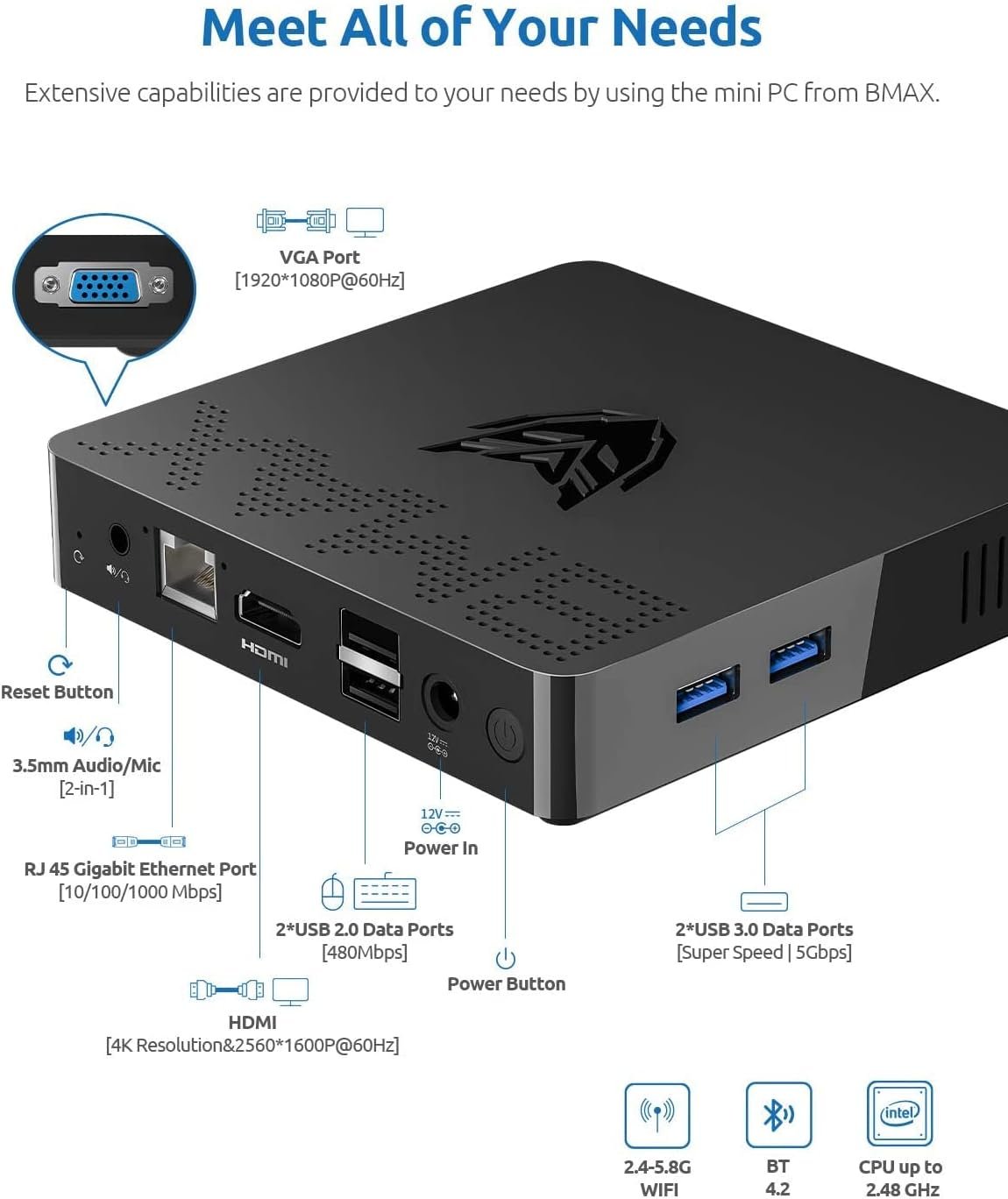Мини ПК BMAX B1 / Intel Celeron J3060 / RAM 4GB / eMMC 64GB / HDMI / LAN / Wi-Fi 5 / Bluetooth 4.2 / Windows 10 / Black, фото №3