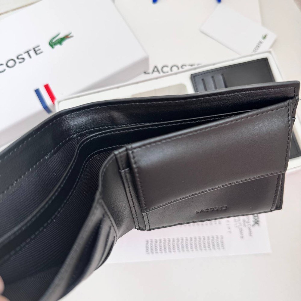 Чоловіче брендовий гаманець із натуральної шкіри Lacoste чорний в подарунковій коробці з картхолдером, фото №3