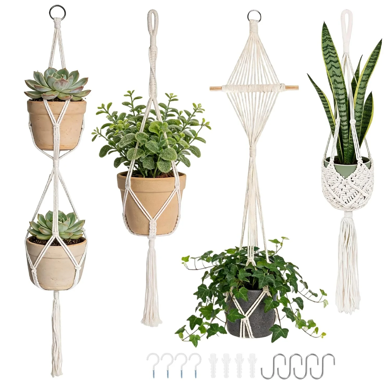 Підвісні кашпо макраме HUKUMA Набір 4 шт. бавовна з гачками та китицями, фото №1 Підвісні кашпо макраме HUKUMA Набір 4 шт. бавовна з гачками та китицями, фото №1