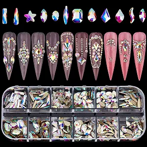 Стразы для ногтей NICENEEDED 240 шт., 3D кристаллы с плоской задней стенкой 12 размеров в кейсе, хрустальные камни разных форм - Фото 1