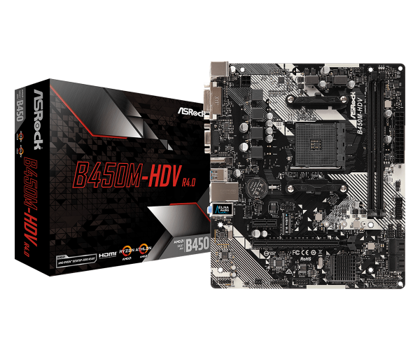Мат плата AM4 B450 AsRock B450M-HDV R4.0, 2xDDR4 Int Video CPU 4xSATA3 1xM.2, 1xPCI-E 16x 3.0, 1x 2.0, ALC887 RTL8111H 6xUSB3.1/4xUSB2.0, VGA/DVI-D/HDMI mATX, фото №1