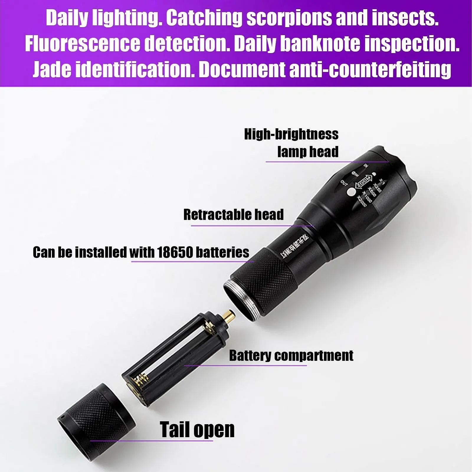 Ультрафиолетовый фонарик Generisch, портативный, 15/5/5 см, фиолетовый, фото №6