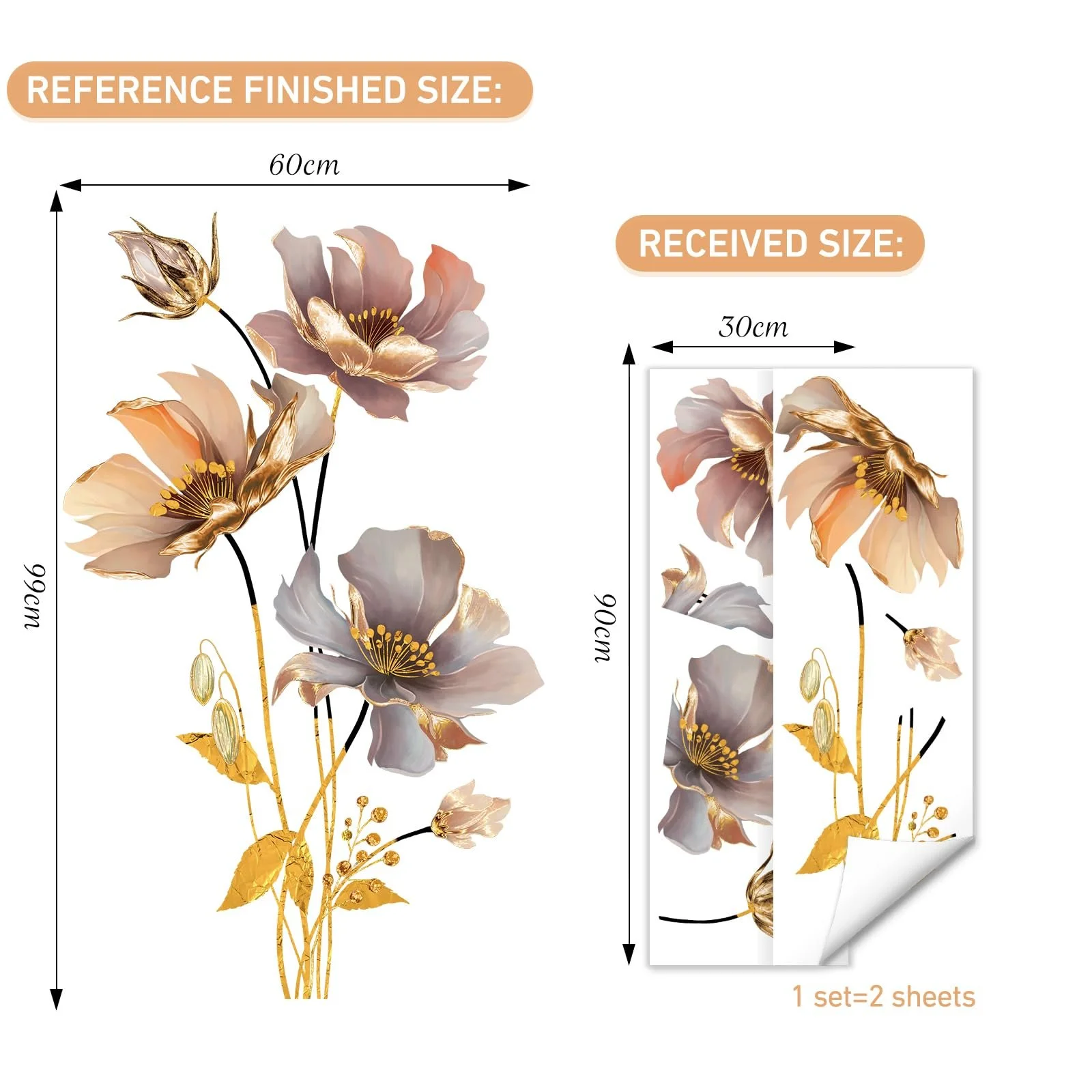 Настінна наклейка SHUCHING Квіти Лотос Золота Металік, фото №4