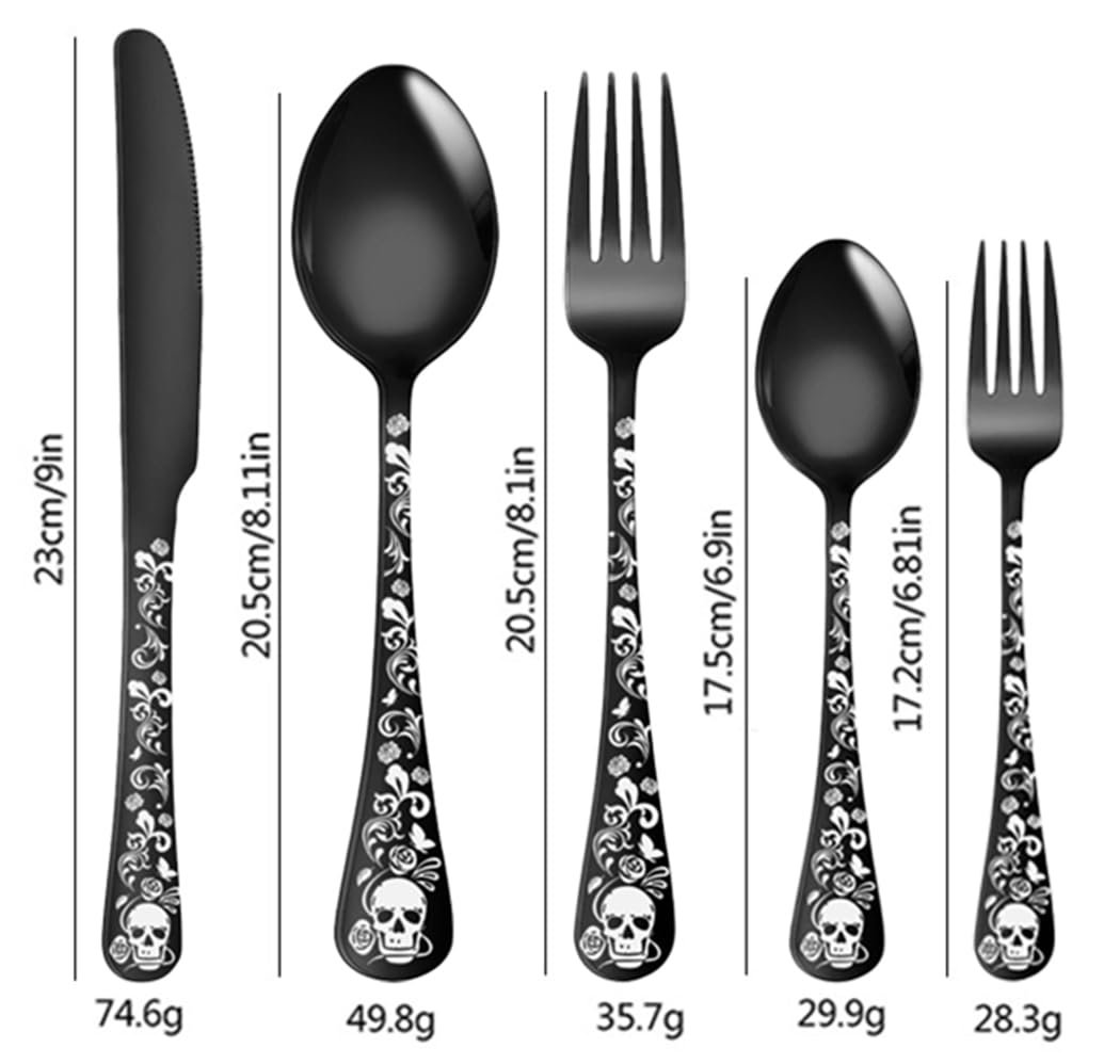 Набор столовых приборов XIAOYU из 5 предметов, узор черепа, нержавеющая сталь, уникальный готический скелет и цветочный узор, черный, фото №2 Набор столовых приборов XIAOYU из 5 предметов, узор черепа, нержавеющая сталь, уникальный готический скелет и цветочный узор, черный, фото №2