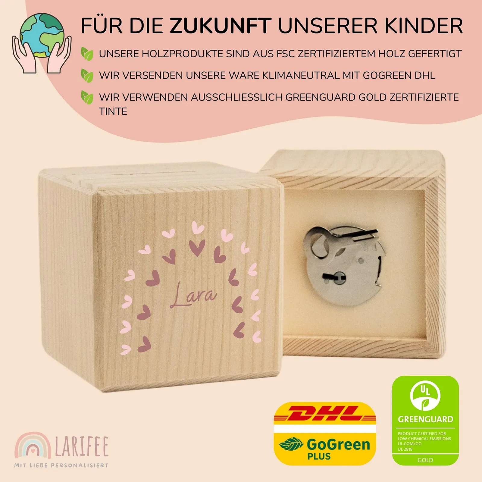 Копилка LARIFEE Rainbow Hearts кубическая деревянная с замком и ключом, фото №3