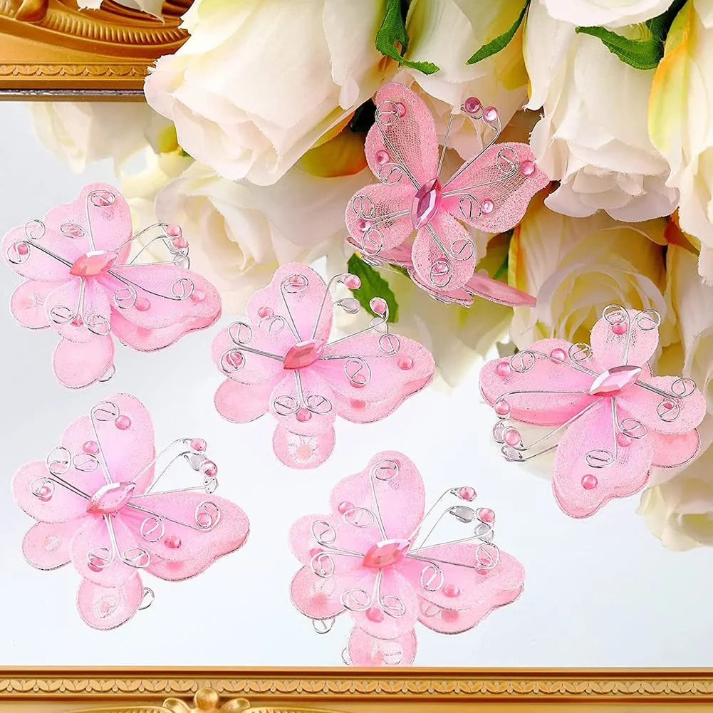 Декоративні наклейки Butterflies Набір 24 шт. Штучні Сітчасті Блискучі Рожеві, фото №3