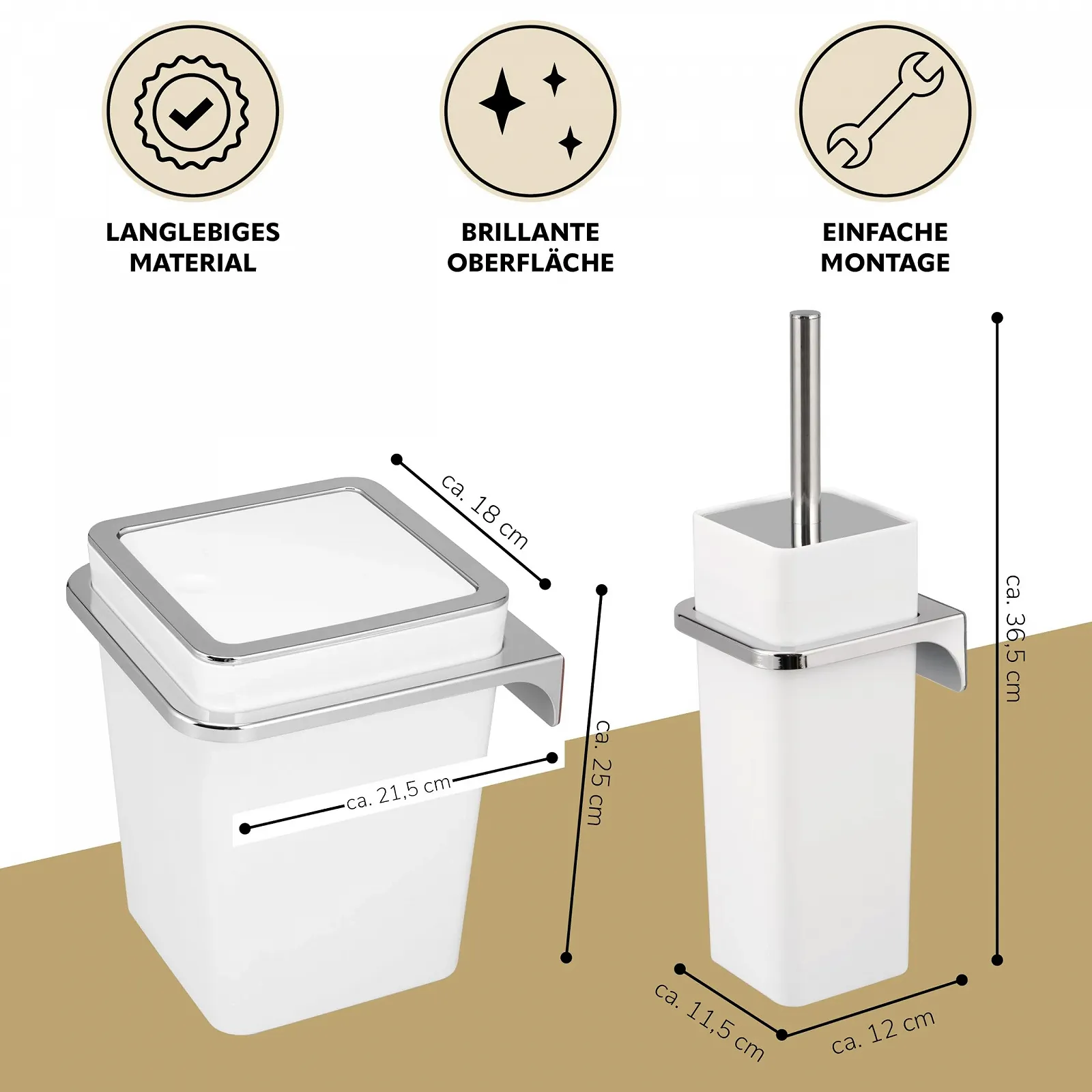 Набор для ванной комнаты bremermann Savona, 2 предмета ведро для косметики, ершик для унитаза с настенным кронштейном, квадратный, пластиковый, белый, фото №7 Набор для ванной комнаты bremermann Savona, 2 предмета ведро для косметики, ершик для унитаза с настенным кронштейном, квадратный, пластиковый, белый, фото №7