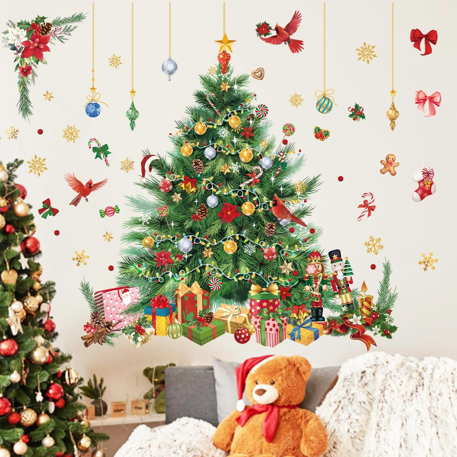 Наклейка на стіну Різдвяна ялинка Акварель з кулями та птахами, фото №1