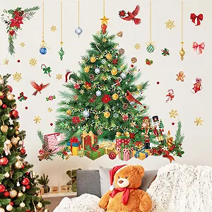 Наклейка на стіну Різдвяна ялинка Акварель з кулями та птахами - Фото 1