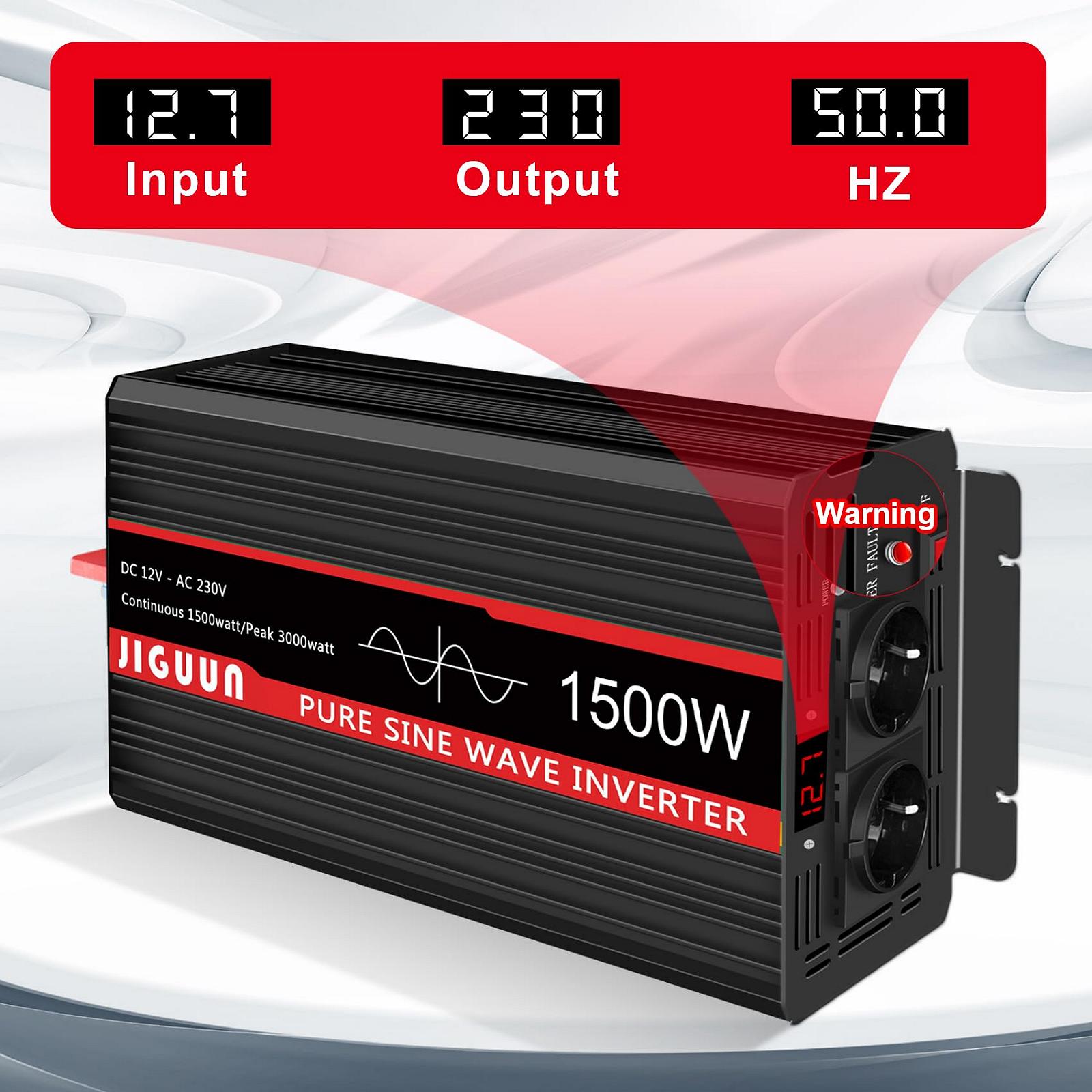 Інвертор JIGUUN Модель 1500 W чистої синусоїди 12 V 230 V 2 євророзетки 2.1 A USB бездротовий Пульт ДУ LED-дисплей 3000 W, фото №4