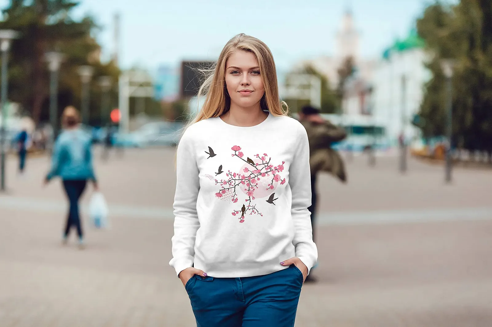 Женский Свитшот Neverless Рисунок Цветущая вишня Птицы Япония Круглый вырез, фото №3