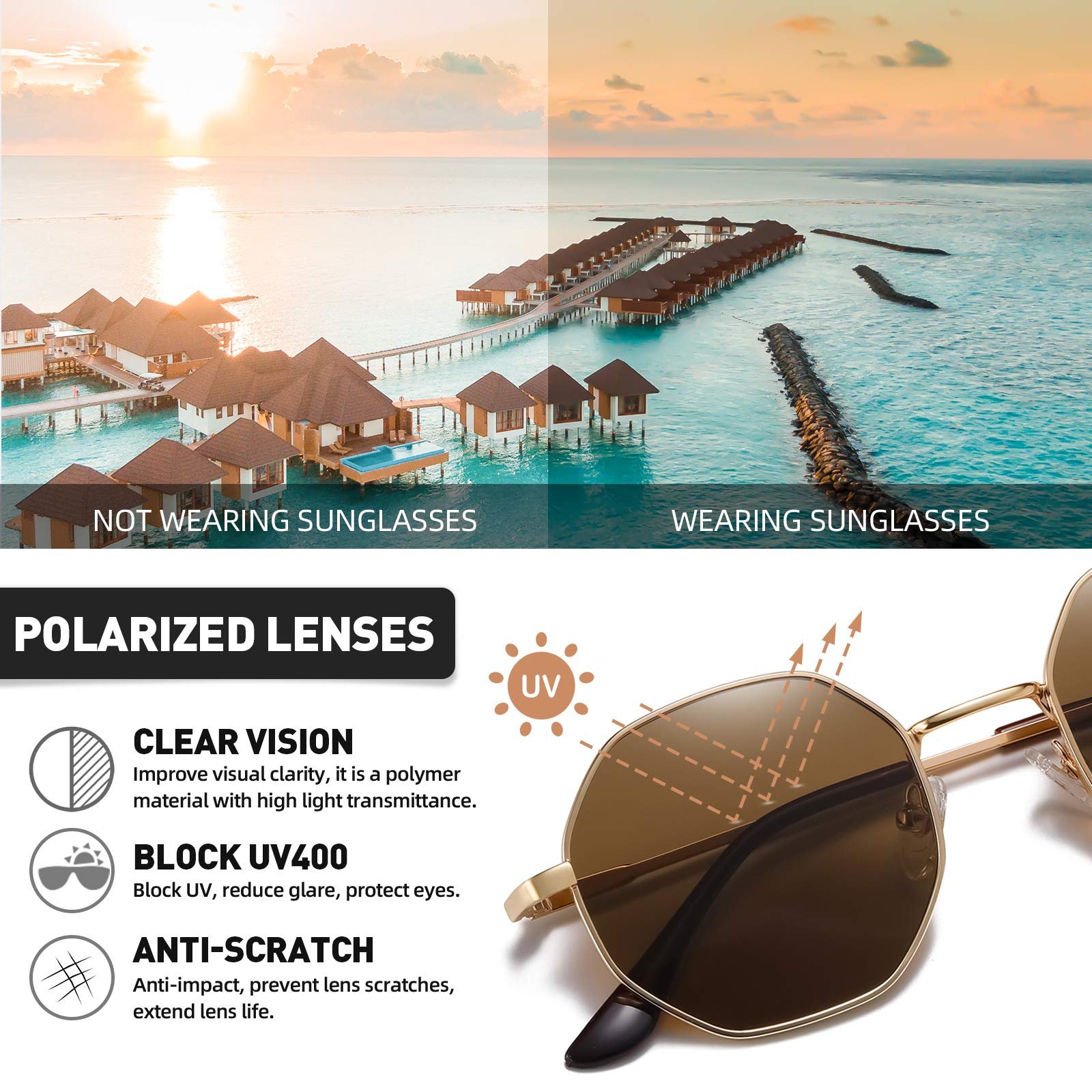 Сонцезахисні окуляри Шестикутні H HELMUT JUST для чоловіків і жінок, поляризовані дзеркальні лінзи та тоновані лінзи, фото №3