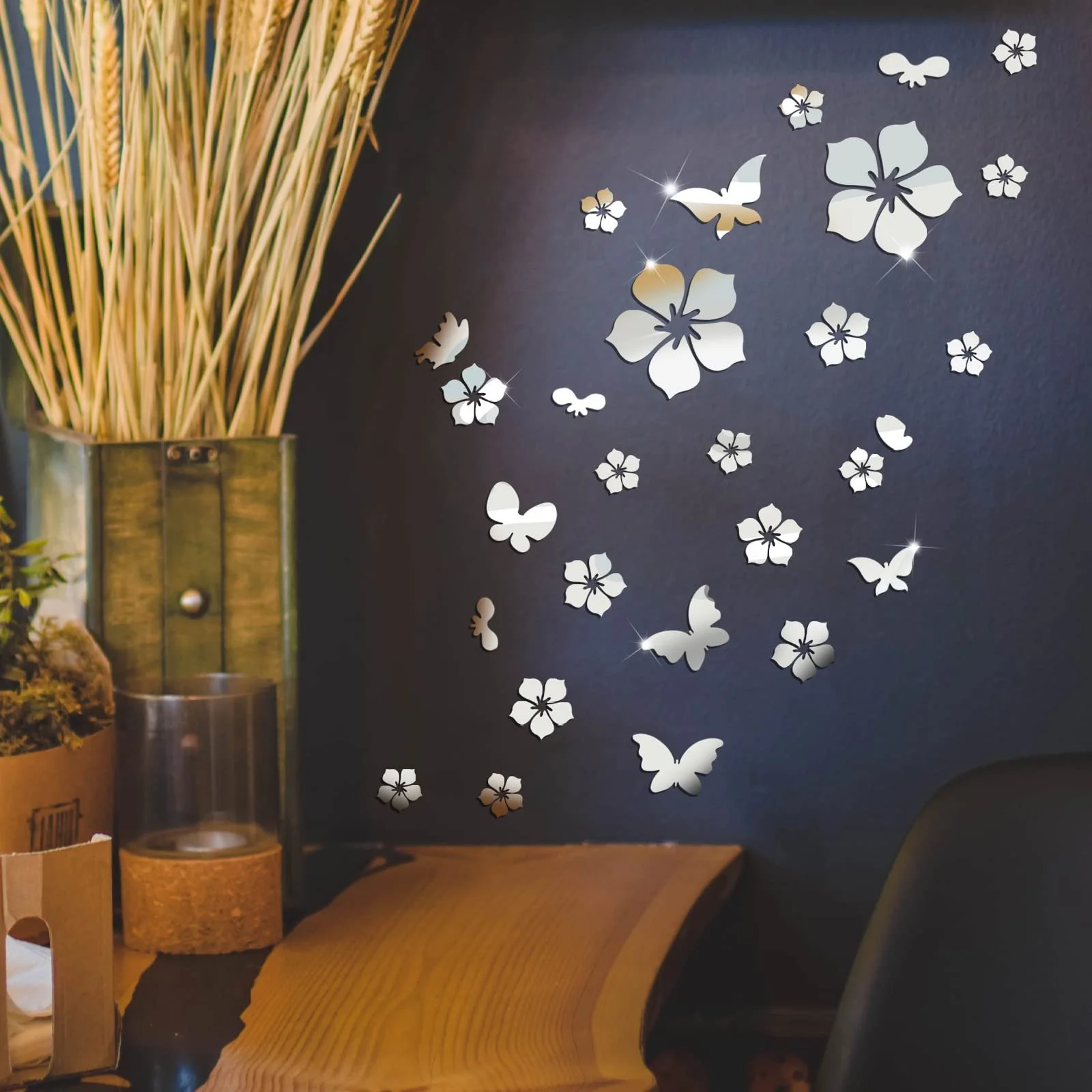 Наклейки на стіну Акрилові квіти та метелики 28 шт. 3D Mirror Silver, фото №4