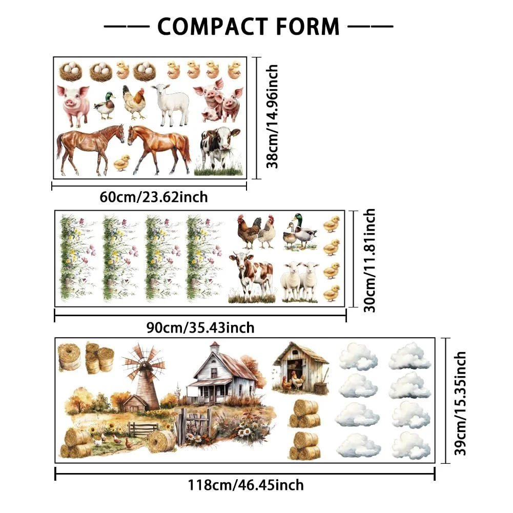 Наклейки для стін 3 Sheets Removable Waterproof Cows Horses Farms Windmills Flowers, фото №2