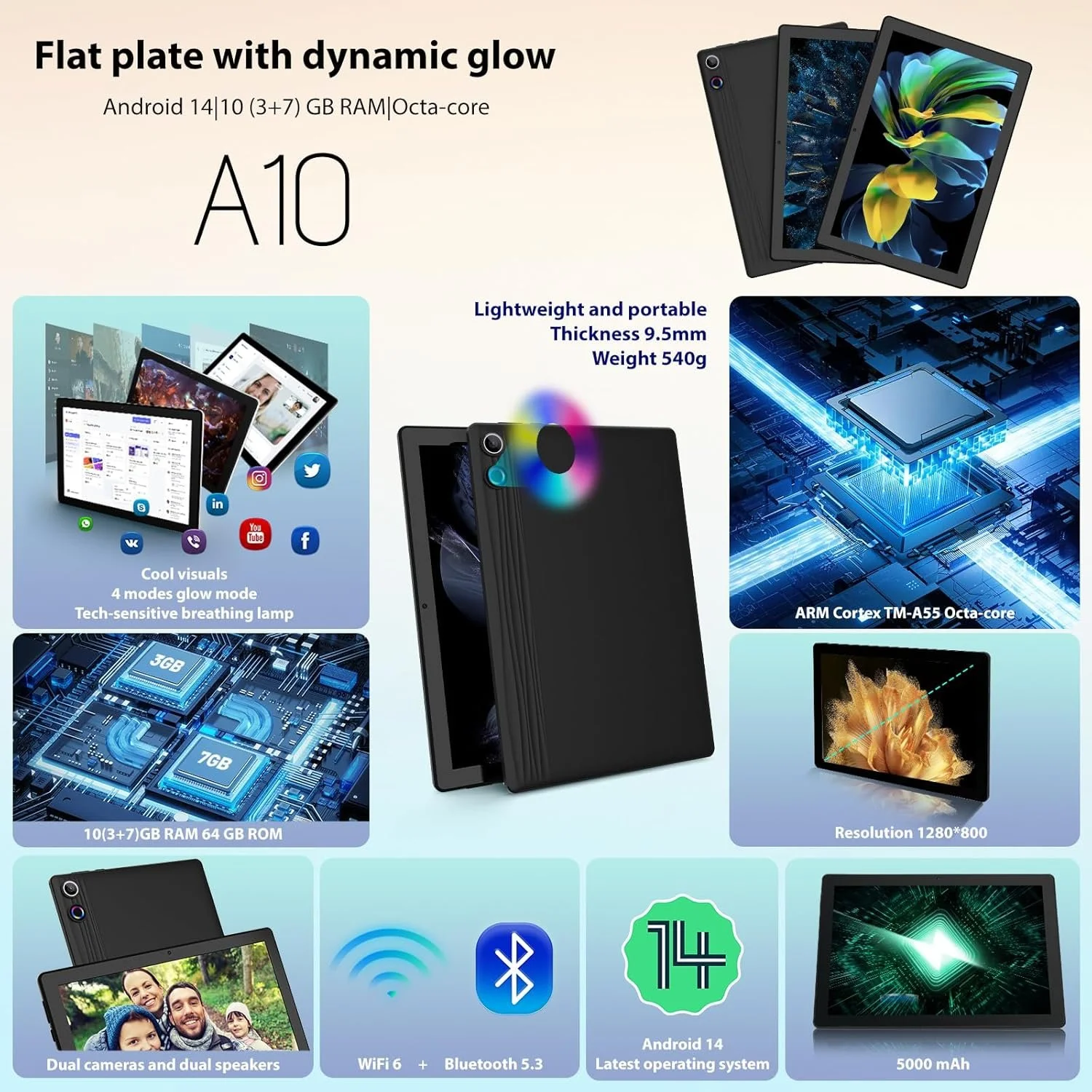 Планшет 10,1" WQPLO A10 (3+7)/64 ГБ 4G 8 ядер Android 14 5000 mAh Черный, фото №2 Планшет 10,1" WQPLO A10 (3+7)/64 ГБ 4G 8 ядер Android 14 5000 mAh Черный, фото №2