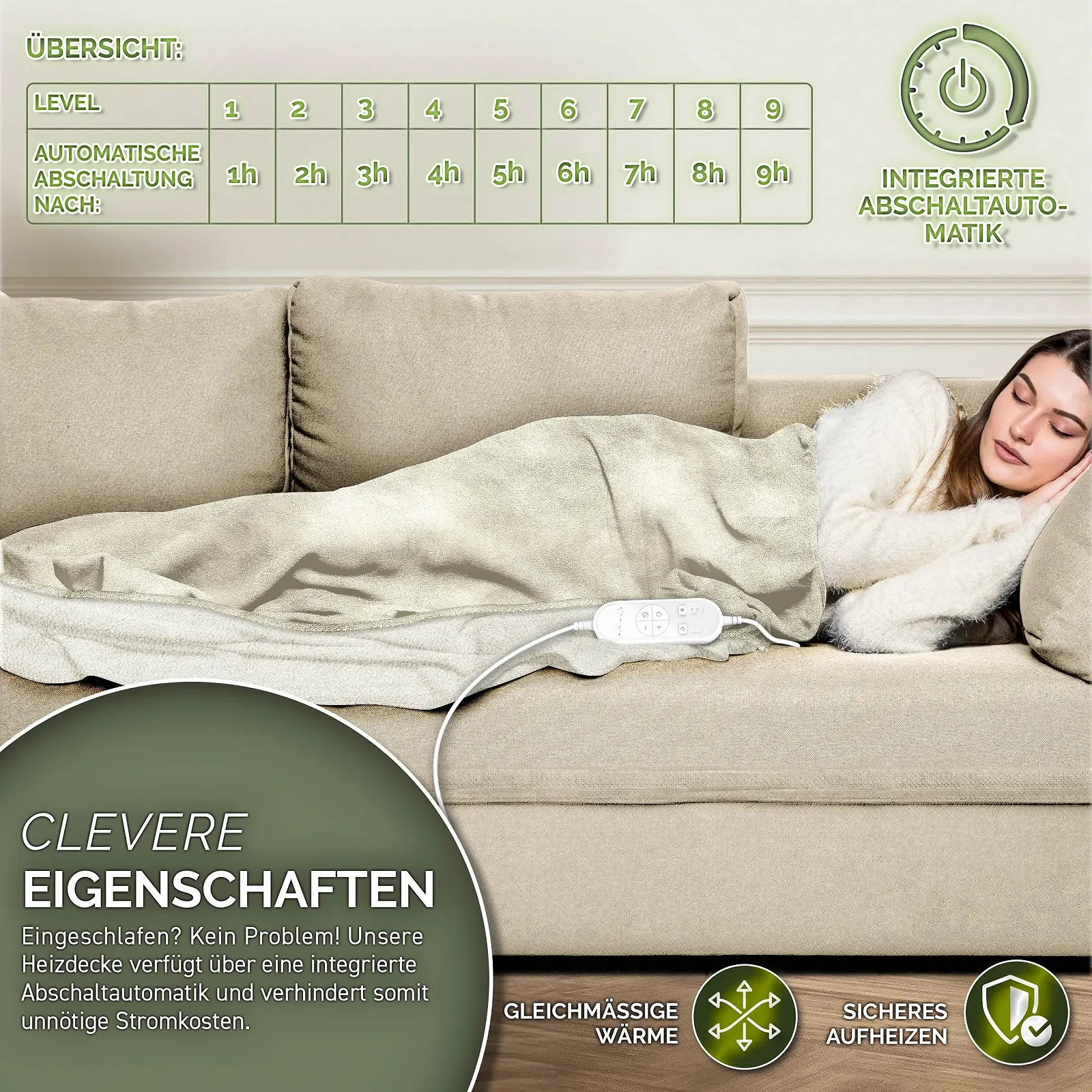 Электрическое одеяло sinnlein 200 x 180 см с автоматическим отключением, 9 уровней температуры, таймер, цифровой, фото №6