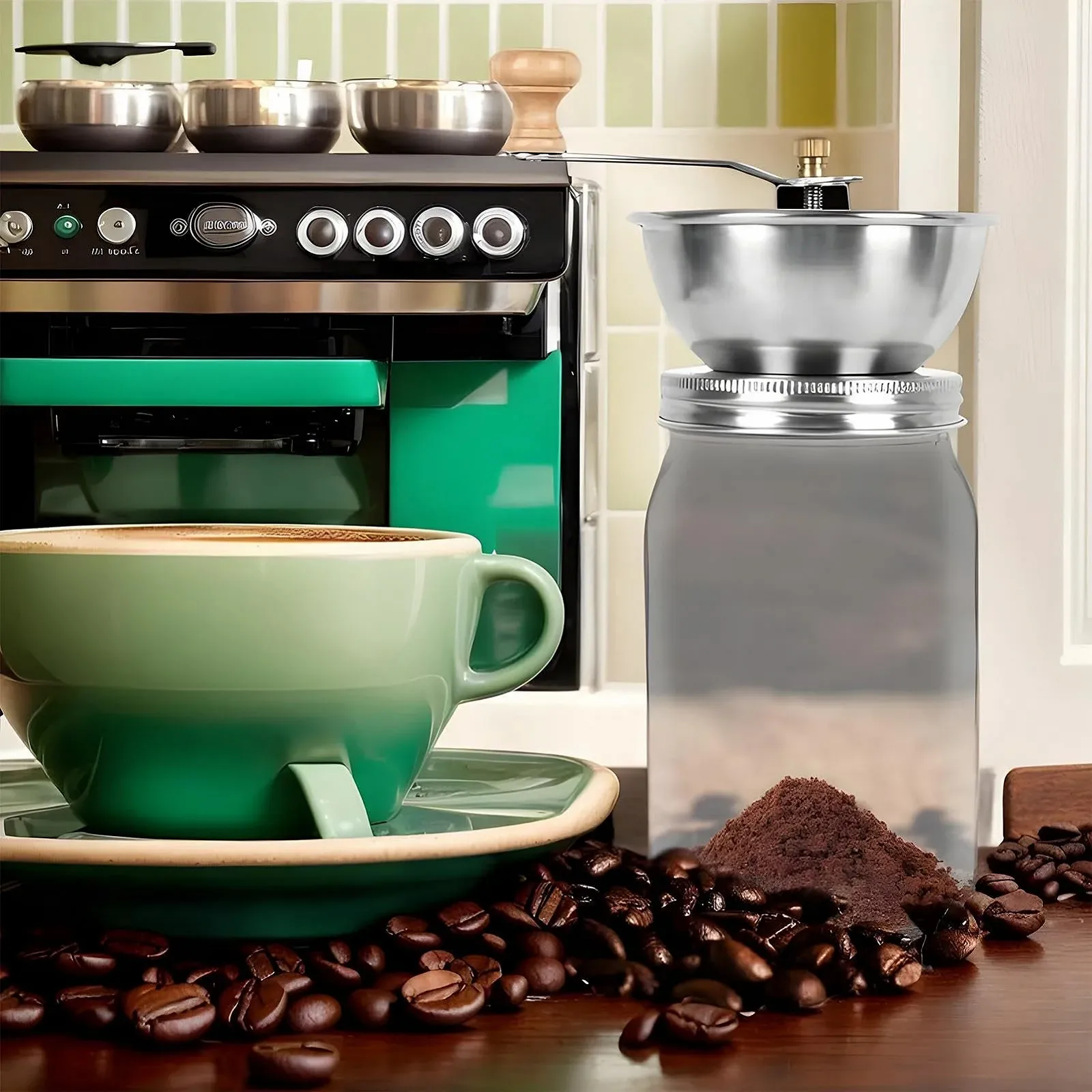 Кавомолка ручна для банки Mason з кришкою, портативна для кемпінгу, з нержавіючої сталі з ручкою для Mason, фото №6