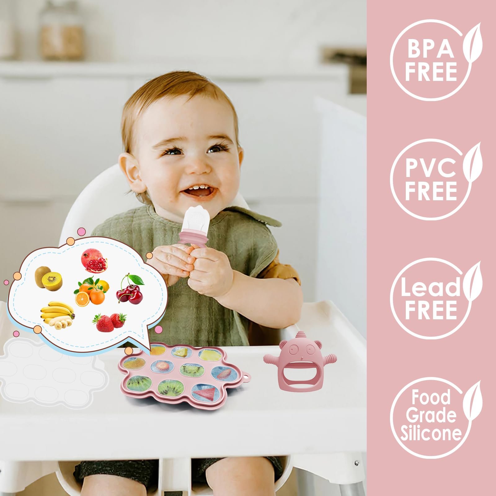 Набор детской посуды Bizcasa, 14 предметов, силиконовый детских столовых приборов для прикорма, нескользящий, тарелка, миска, слюнявчик, ложка, вилка, фрутовий ниблер, контейнер для заморозки детской каши, прорезыватель для зубов, без BPA, светло-розовый, фото №2 Набор детской посуды Bizcasa, 14 предметов, силиконовый детских столовых приборов для прикорма, нескользящий, тарелка, миска, слюнявчик, ложка, вилка, фрутовий ниблер, контейнер для заморозки детской каши, прорезыватель для зубов, без BPA, светло-розовый, фото №2