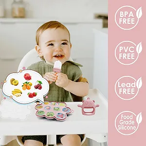 Набір дитячого посуду Bizcasa, 14 предметів, силіконовий дитячих столових приборів для прикорму, нековзний, тарілка, миска, слюнявчик, ложка, виделка, фрутовий ніблер, контейнер для заморожування дитячої каші, прорізувач для зубів, без BPA, світло-рожевий synthetic.ua - Фото 1