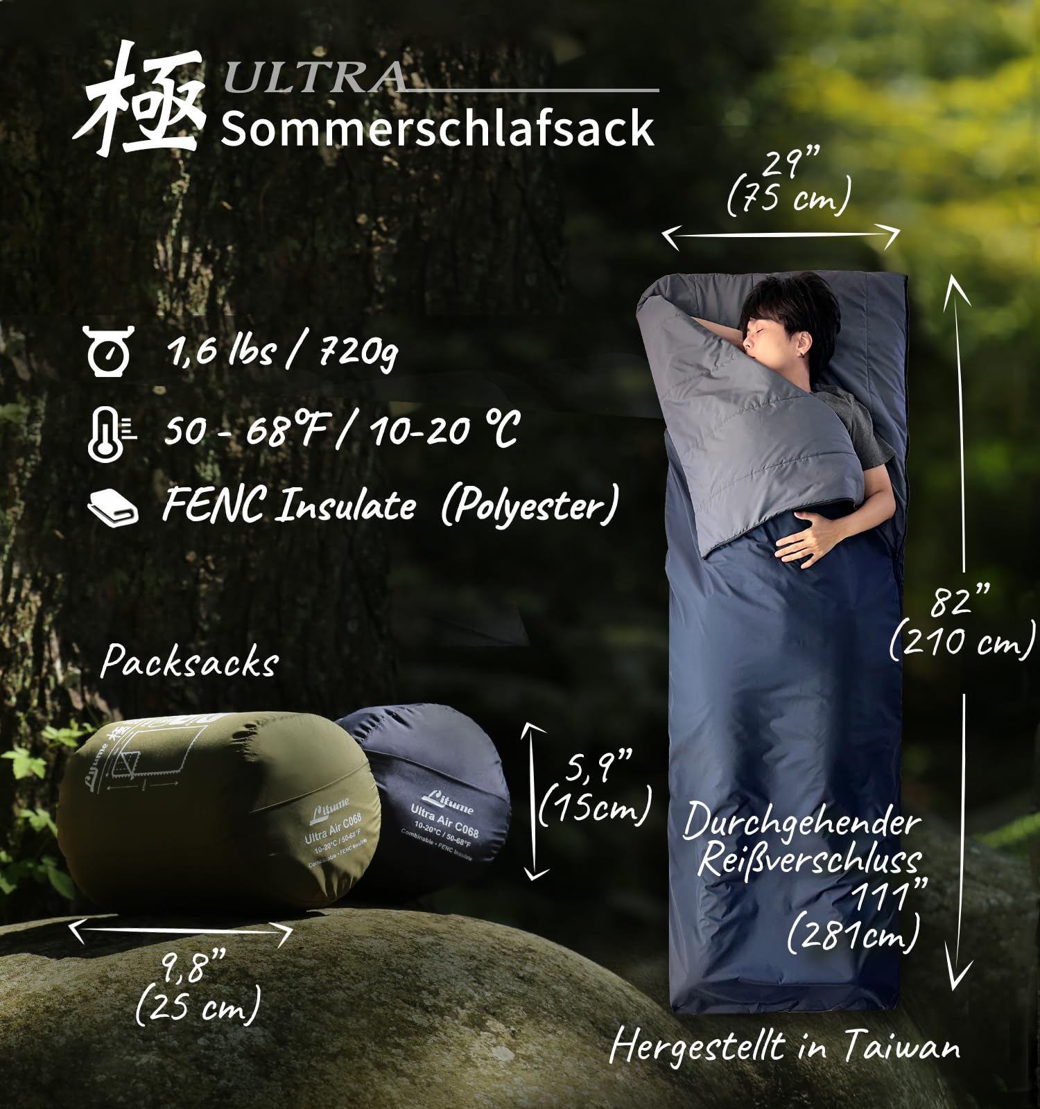 Спальний мішок Litume Compact 20 °C - 10 °C, 1.6 фунтів, легкий портативний комбінований для дорослих, рюкзак, кемпінг, туризм, подорожі, три сезони, з оксамитовою підкладкою, фото №2