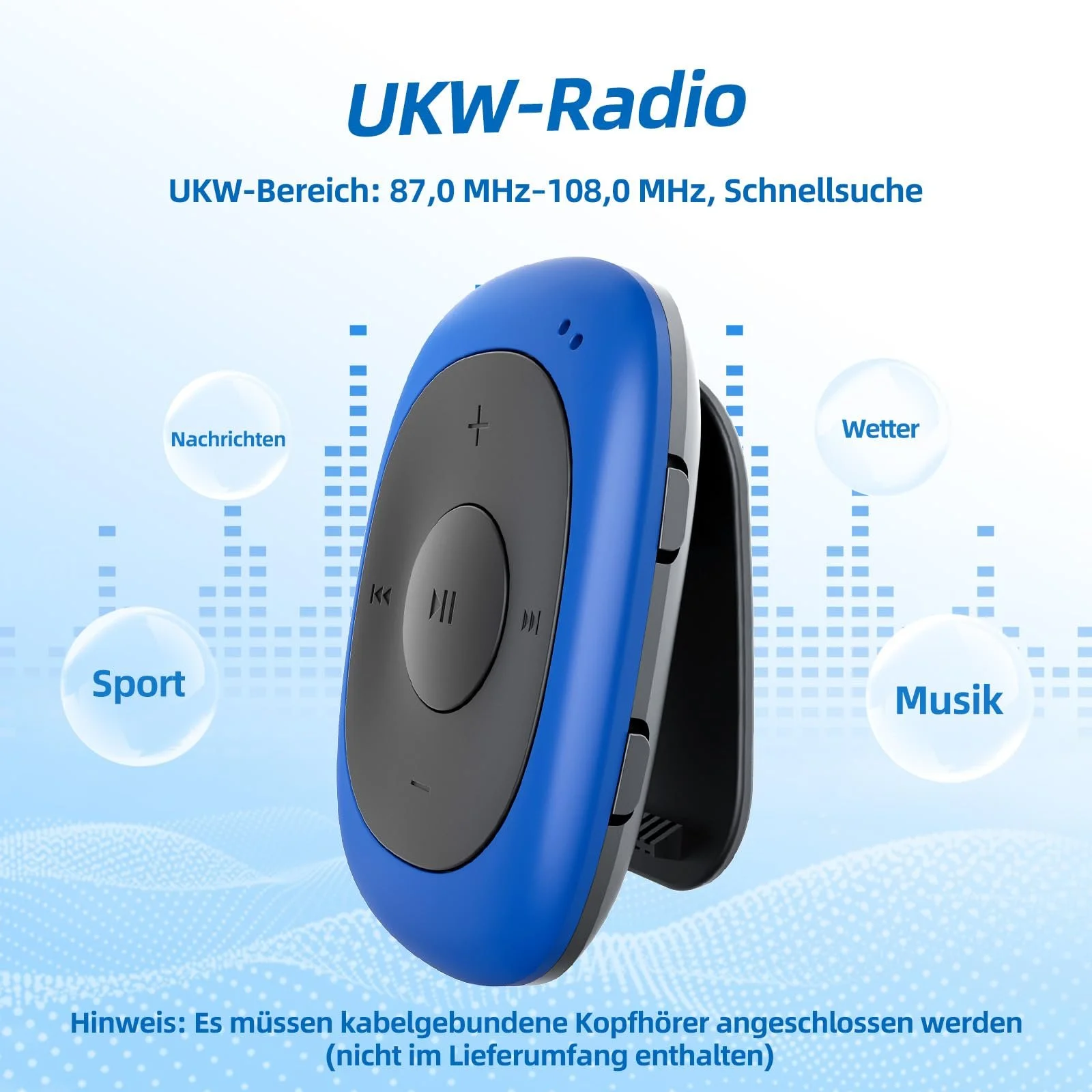 MP3-плеер AGPTEK с клипсой, портативный, 8 ГБ, мини-плеер, спортивный дизайн, синий, фото №7