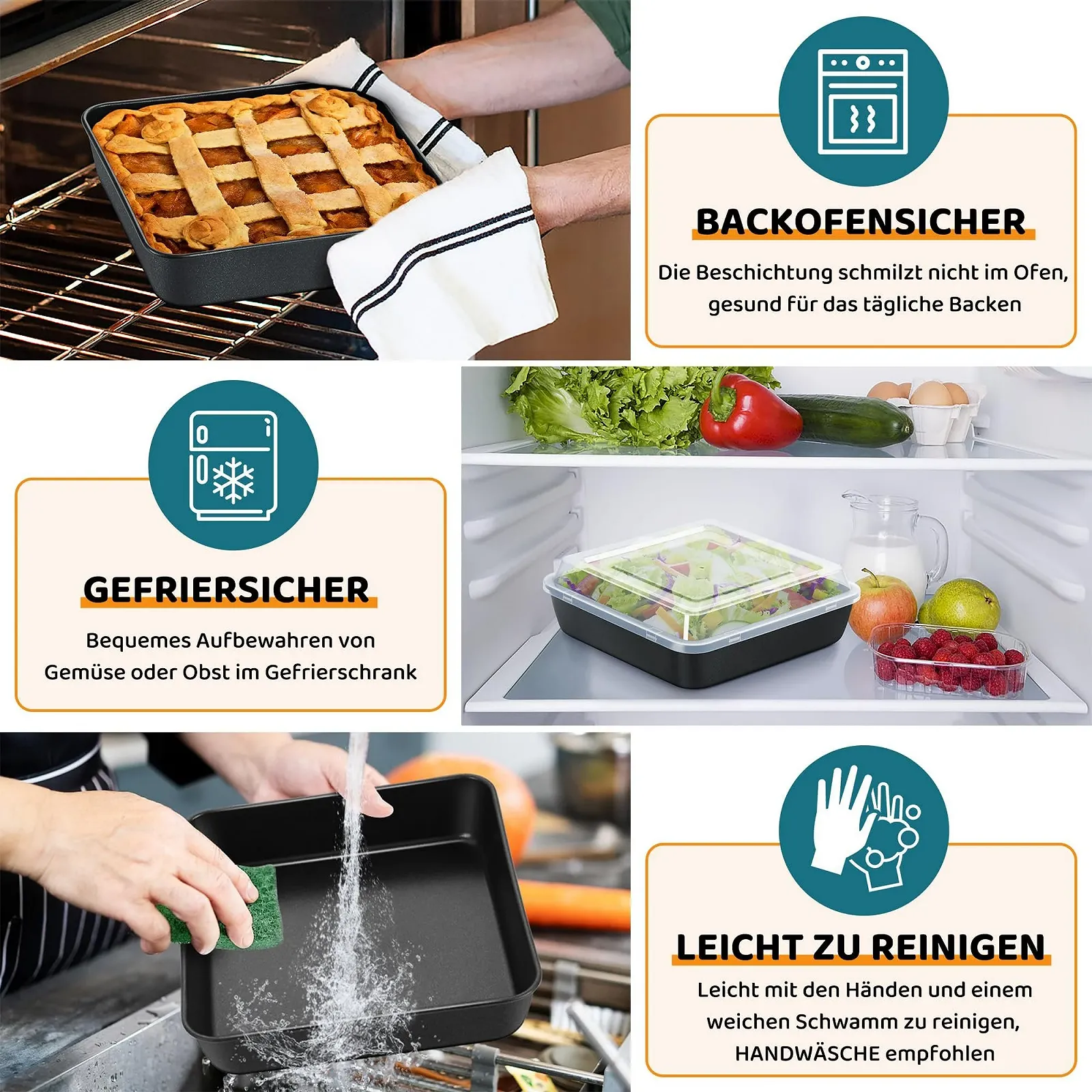 Форма для випікання HaWare Квадратна з кришкою нержавіюча сталь антипригарна 21 x 21 x 5 cm чорна, фото №6