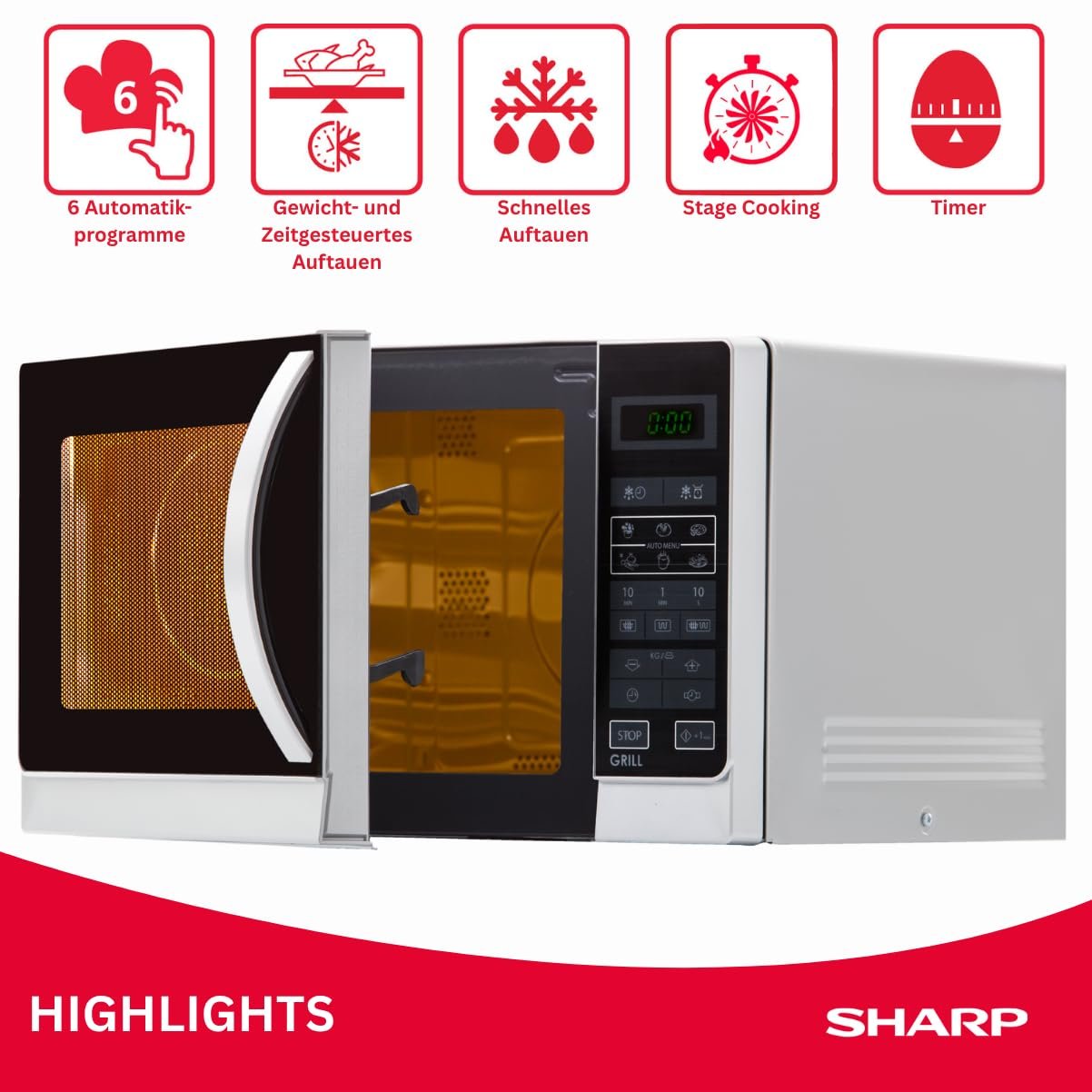 Мікрохвильова піч 2-в-1 з грилем SHARP R742WW 25 л 900 Вт Гриль 1000 Вт LED дисплей 8 автоматичних програм Розморожування за вагою Блокування від дітей Енергозберігаючий режим Висока решітка Біла, фото №3