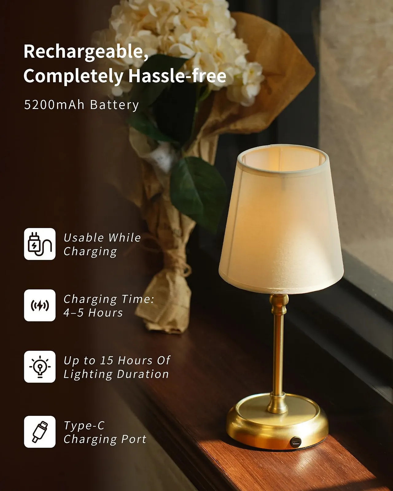 Настільна лампа приліжкова акумуляторна бездротова 5200 mAh із лампочкою Золотиста, фото №6