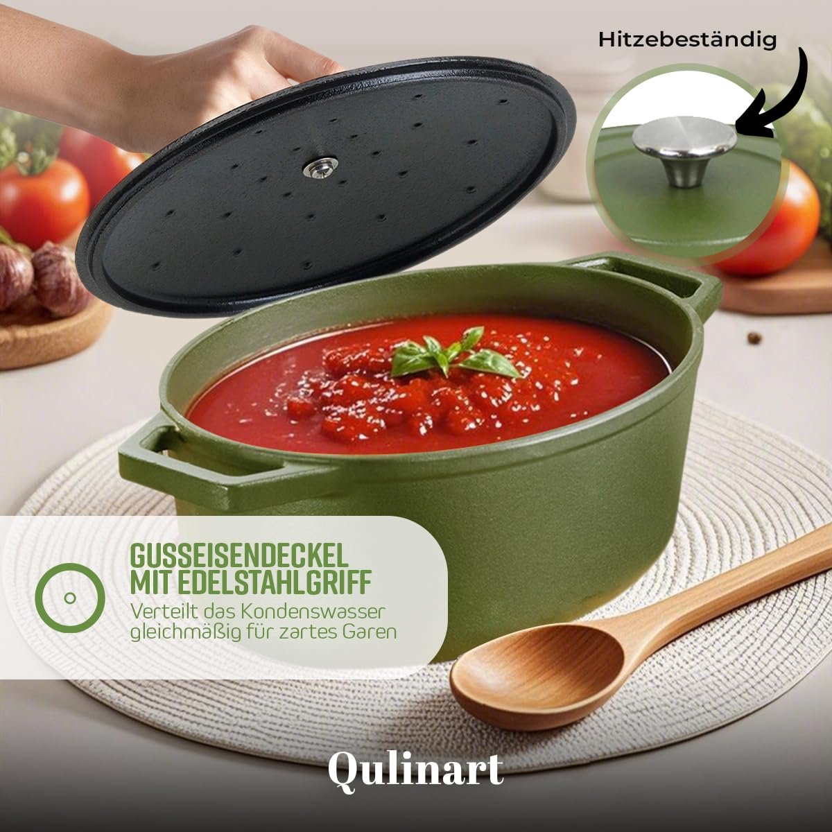 Кастрюля-жаровня QULINART чугунная овальная 4.7 л 30 см матовая зеленая индукционная, фото №5