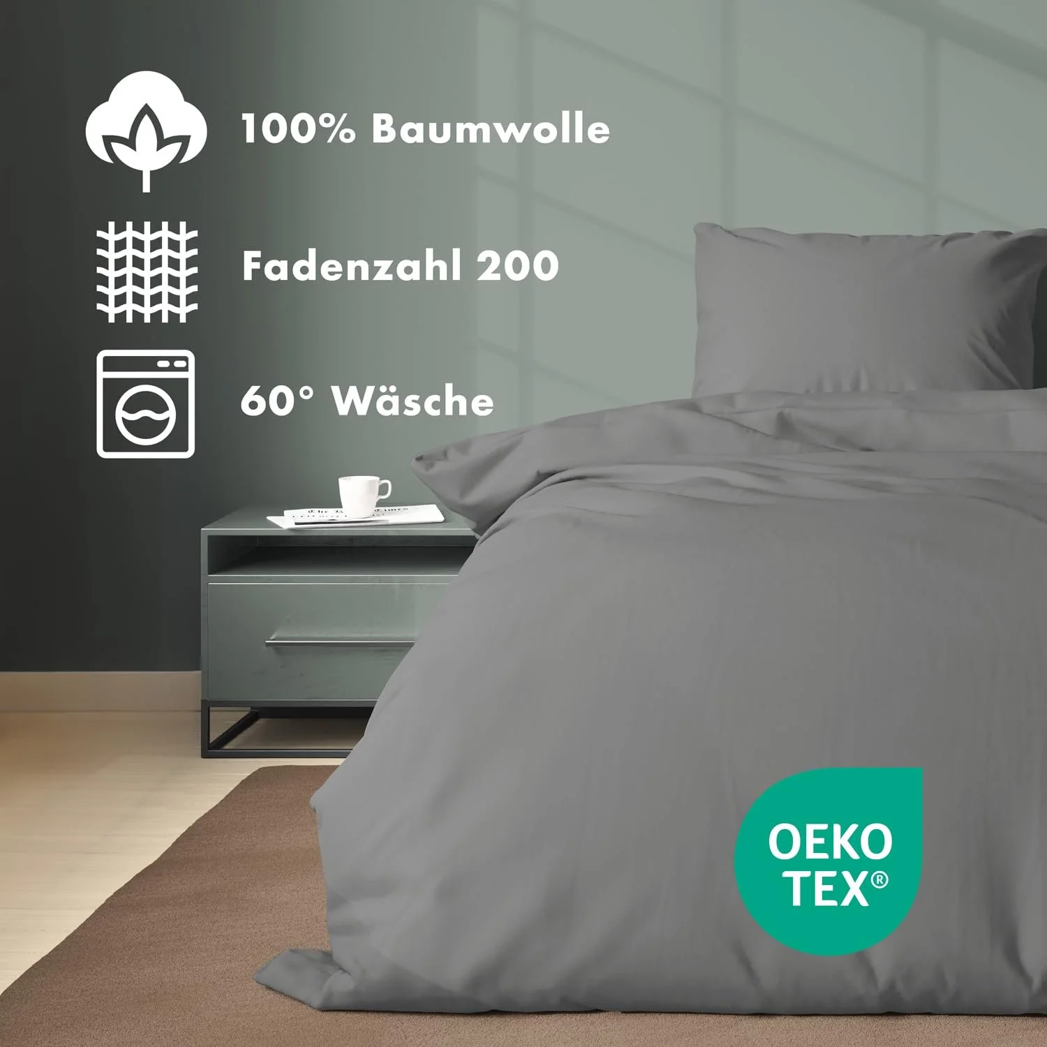 Комплект постільної білизни JACOBSON 4 предмети 135 x 200 см 100% бавовна Percale Oeko-Tex антрацит, фото №3