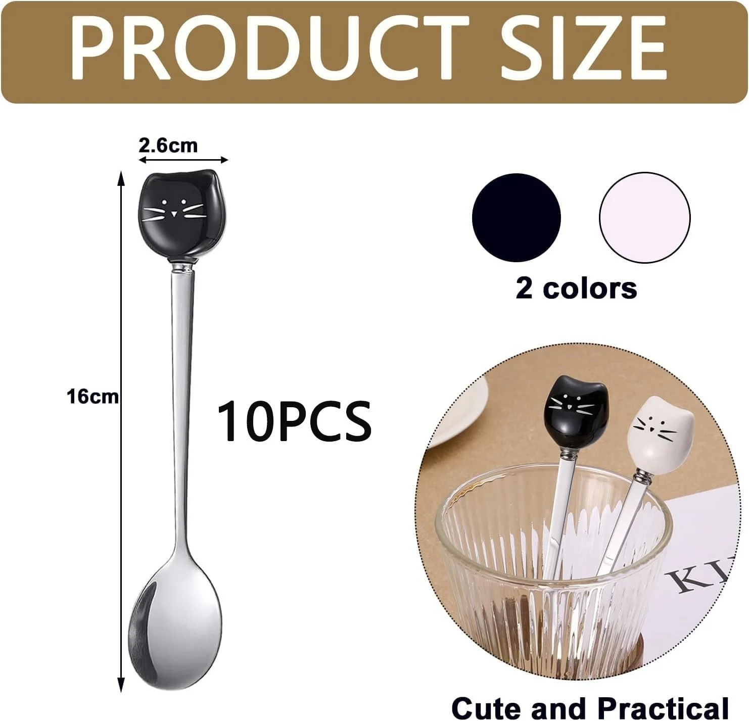 Кофейная ложка Голова, Набор 10 штук, Ложки для кошачьего корма, ложка из нержавеющей стали, ложка для влажного корма, Тонко полированная ложка для мороженого, Чайная ложка для размешивания сахара (Черный, Белый), фото №2