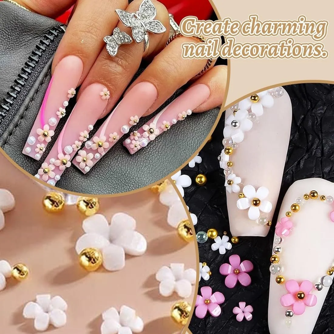 Декор для ногтей 3D Flower Nail Charms 2 коробки цветы и стразы 3/6/9 мм розово-белые микс, фото №5 Декор для ногтей 3D Flower Nail Charms 2 коробки цветы и стразы 3/6/9 мм розово-белые микс, фото №5