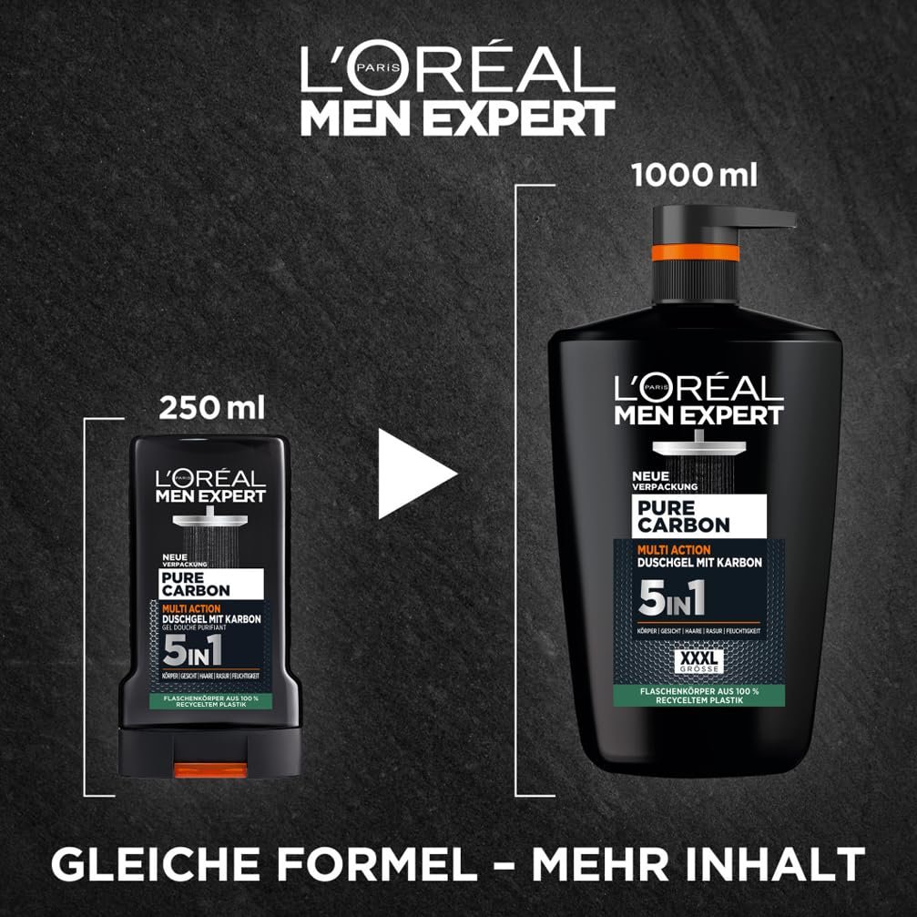 Гель для душа и шампунь L'Oréal Men Expert Pure Carbon XXXL 5-в-1 с углем 1000 мл, фото №3 Гель для душа и шампунь L'Oréal Men Expert Pure Carbon XXXL 5-в-1 с углем 1000 мл, фото №3