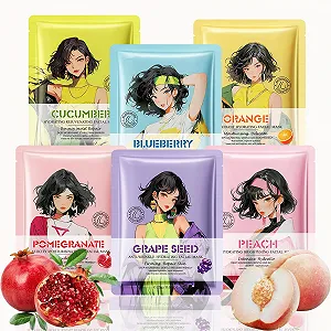 Тканинна маска Soleneva Набір з 6 штук Апельсин Виноград Огірок Гранат Чорниця Персик - Фото 1