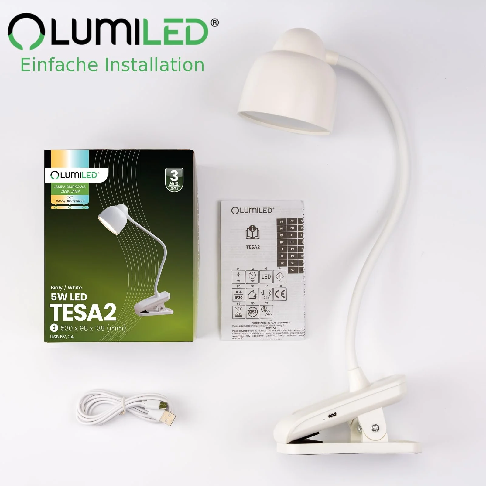 Настільна лампа Lumiled LED 5 Вт Димування CCT 3000/4500/6000K USB-C Гнучка шия Затискач Сенсорна Біла, фото №9